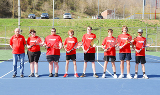 Members of the Lee High boys tennis team are shown, left to right: Coach Bill Turley, Brandon Spivey, J. T. White, Talmadge Gunter, Cameron Jessee, Hank Kinser, Ryley Crabtree and Seth Cowden.